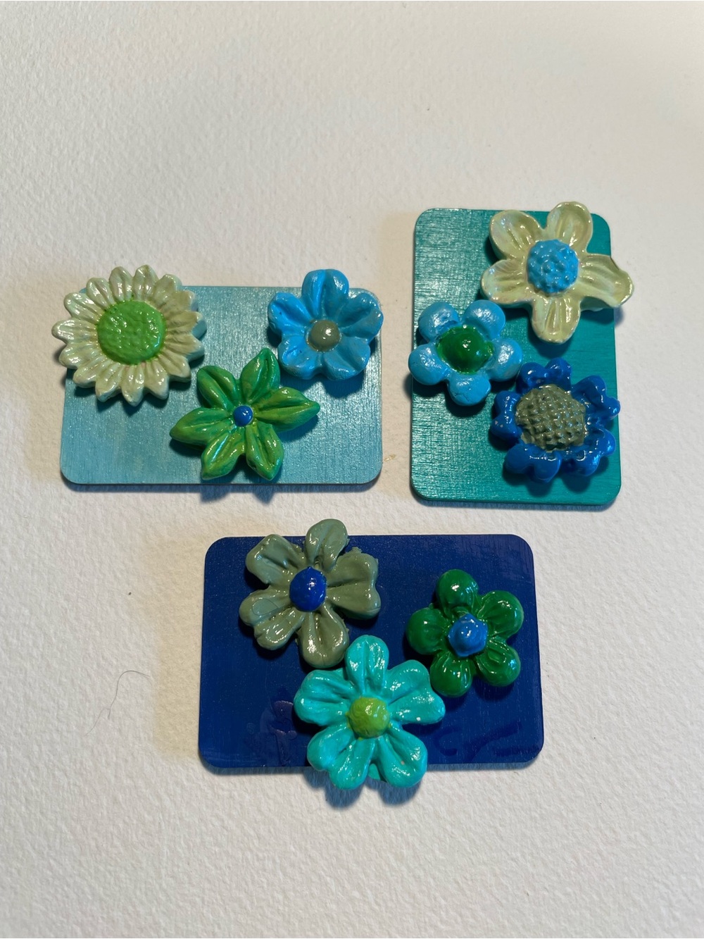 Handmade Ceramic Flower Wall Art Trio in Blue and Green